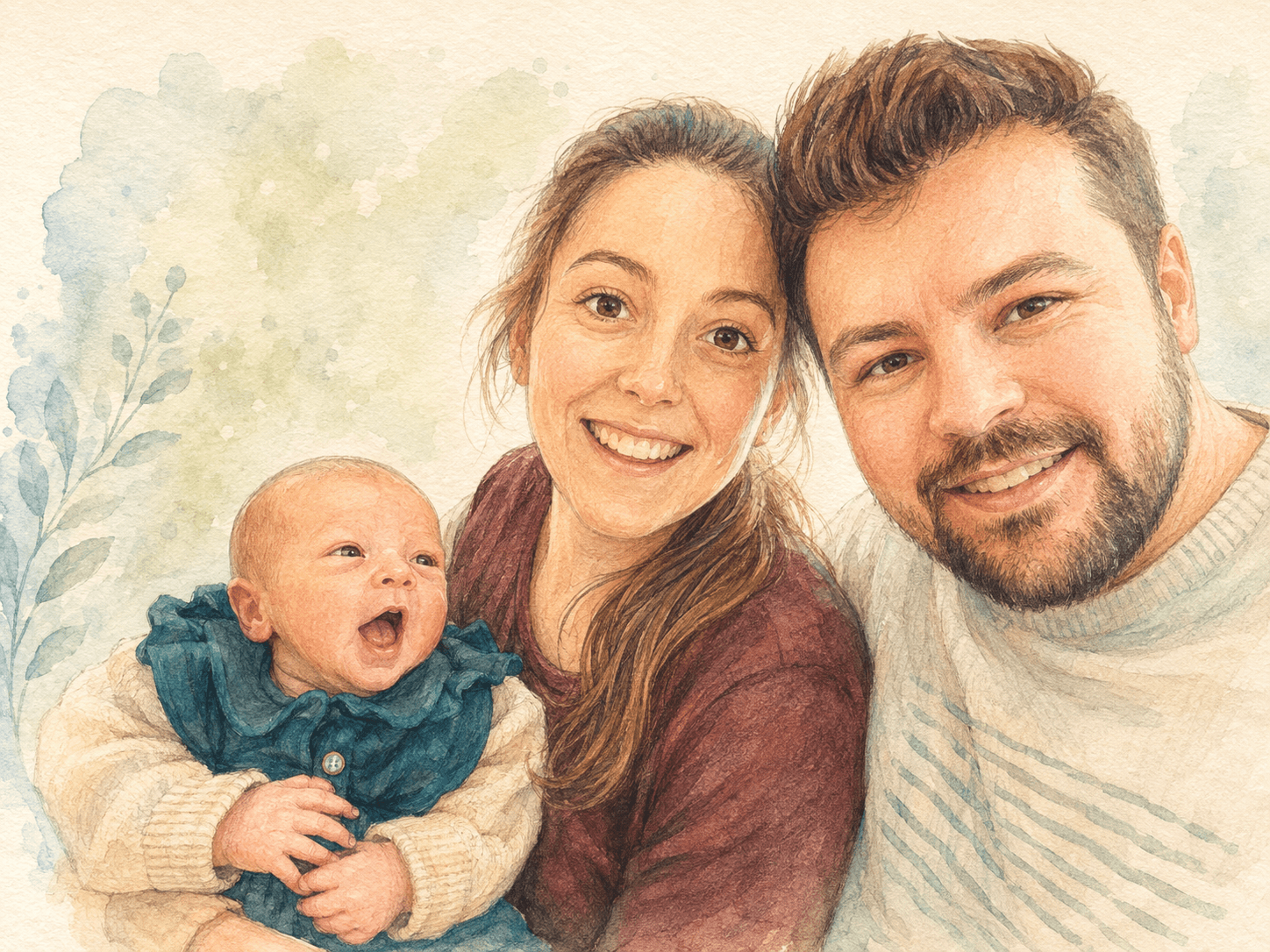 Exemple illustré à l’aquarelle de deux parents avec leur nouveau-né